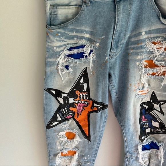 NWT Smoke Rise Distressed Painted Graphic Slim Tapered Fit Light Wash Jeans 38 - Picture 6 of 11